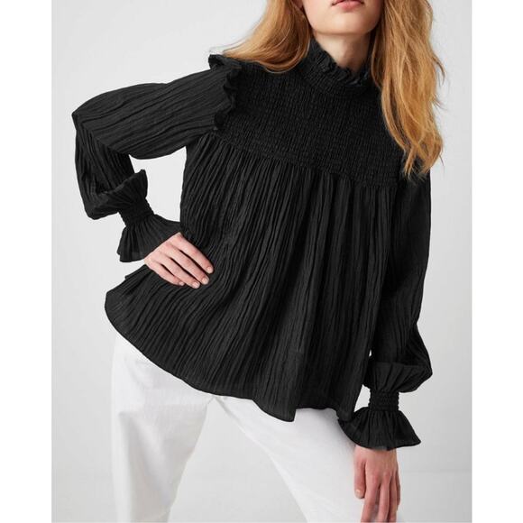 French Connection Black Long Sleeve Boza Crinkle Smocked Blouse XS NWT - Picture 1 of 11